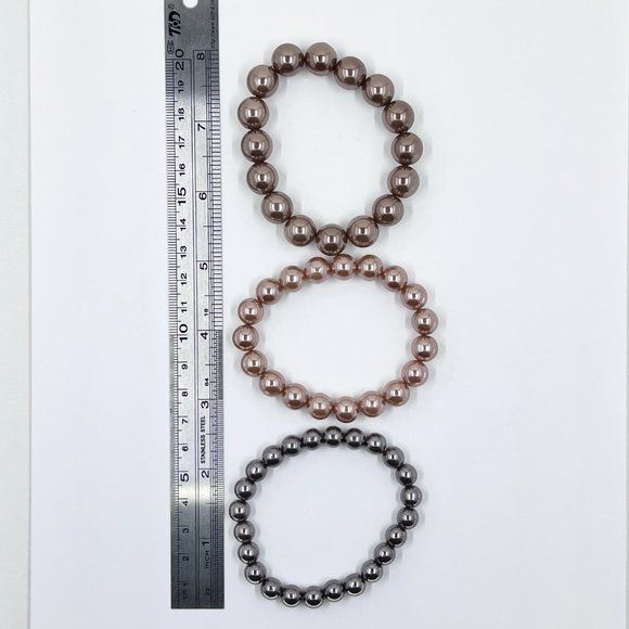Set of 3 - Brown, Copper & Peach Graduated Faux Pearl Stretch Bracelets - Picture 4 of 5